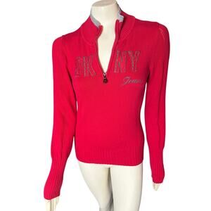 DKNY Red 3/4 Zip Women's Sweater with Bling Logo Size Medium